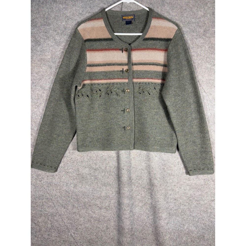 Woolrich Womens 100% Wool Cardigan Sweater Grey Striped Floral Eyelet 9184RS M